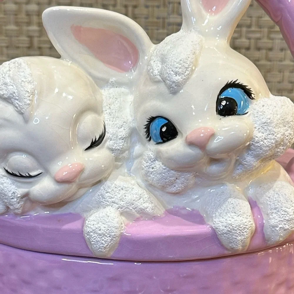 🌟3xHP🌟VTG 1980s Lavender Ceramic Bunny Lidded Easter Basket Candy Dish Hobbyist - Picture 2 of 11